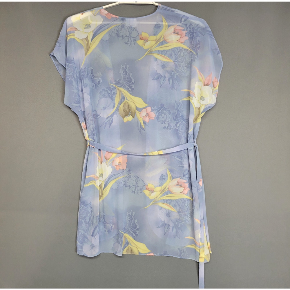 Vintage Secret Treasure Lingerie Robe Womens L Blue Floral Belted Sheer 90s Y2K - Picture 11 of 12